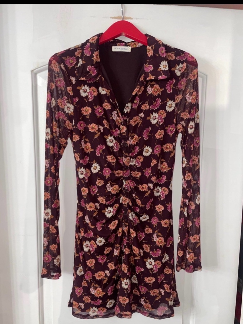 Splendid Wine Floral Ruched Long-Sleeve Dress